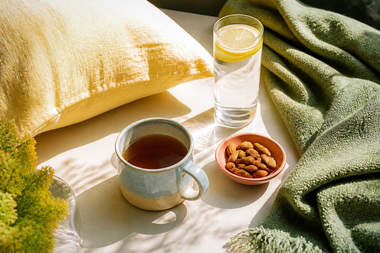 A linen pillow, a mug of tea, a glass of water with lemon and a bowl of almonds on a sunlit table