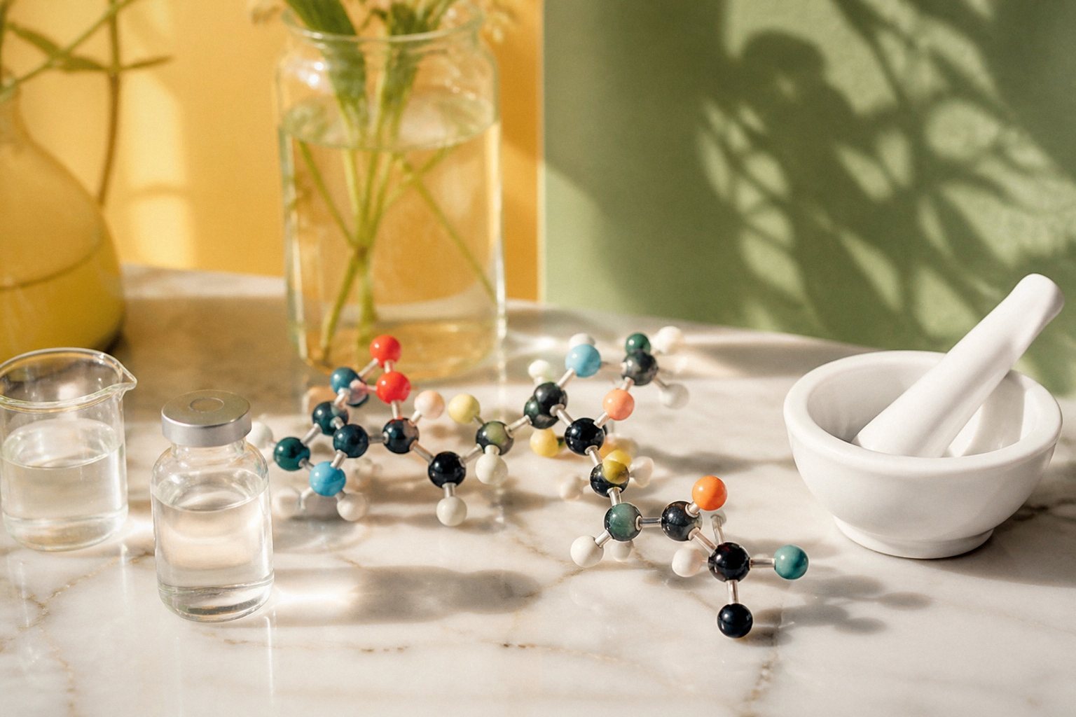 Molecular model beside a small glass vial on a sunlit marble table