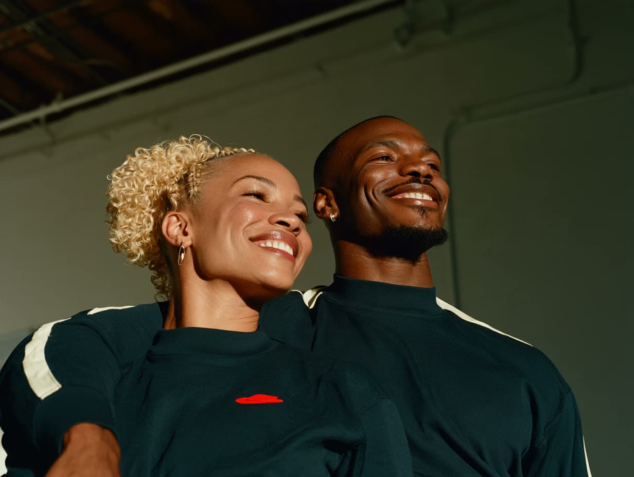 Two smiling people in matching athletic tops